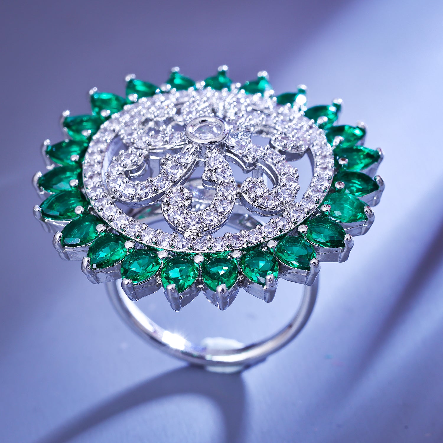 Sukkhi Exquisite Green And Silver CZ Stone Rhodium Plated Traditional Finger Ring for Women
