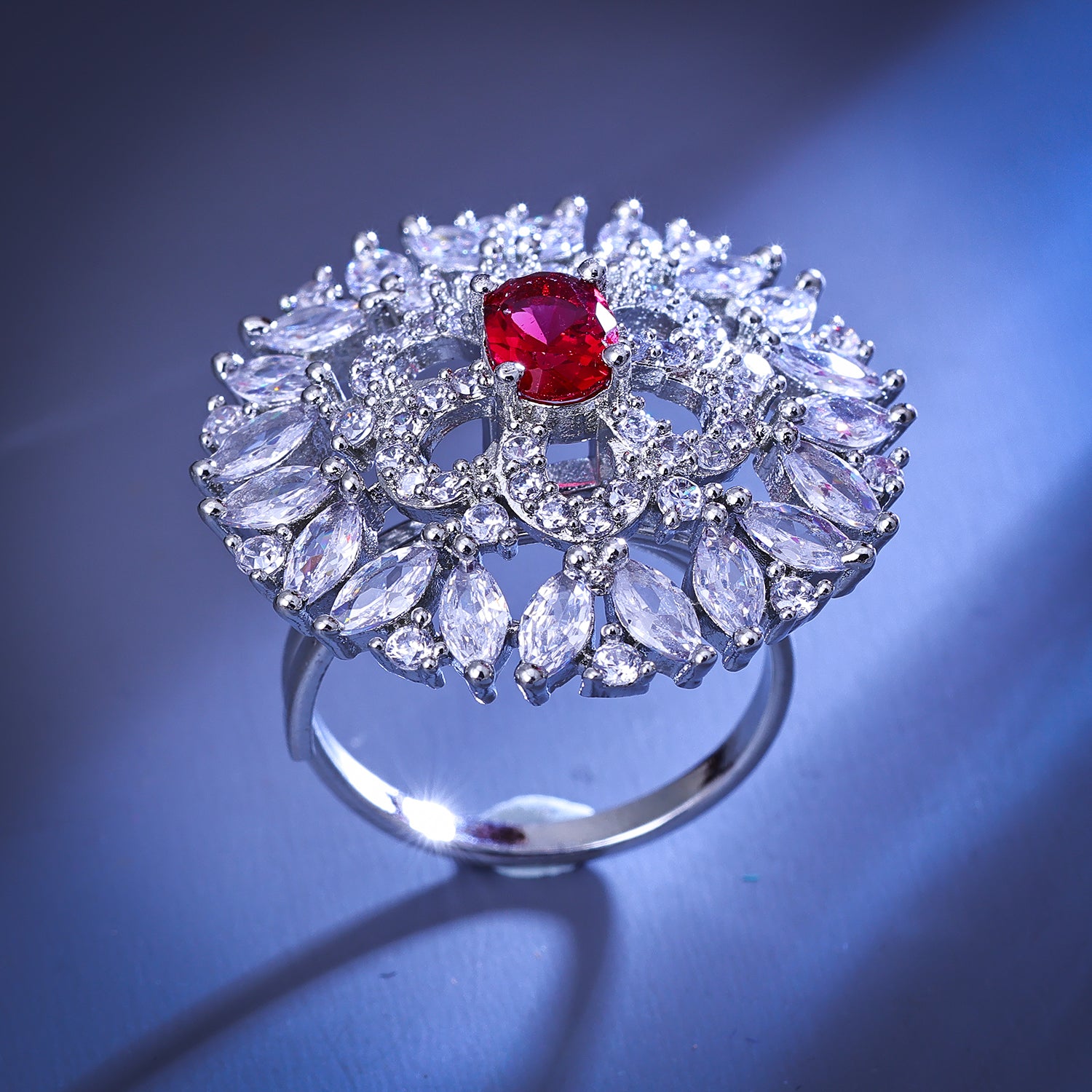 Sukkhi Superb Red And Silver CZ Stone Rhodium Plated Traditional Finger Ring for Women