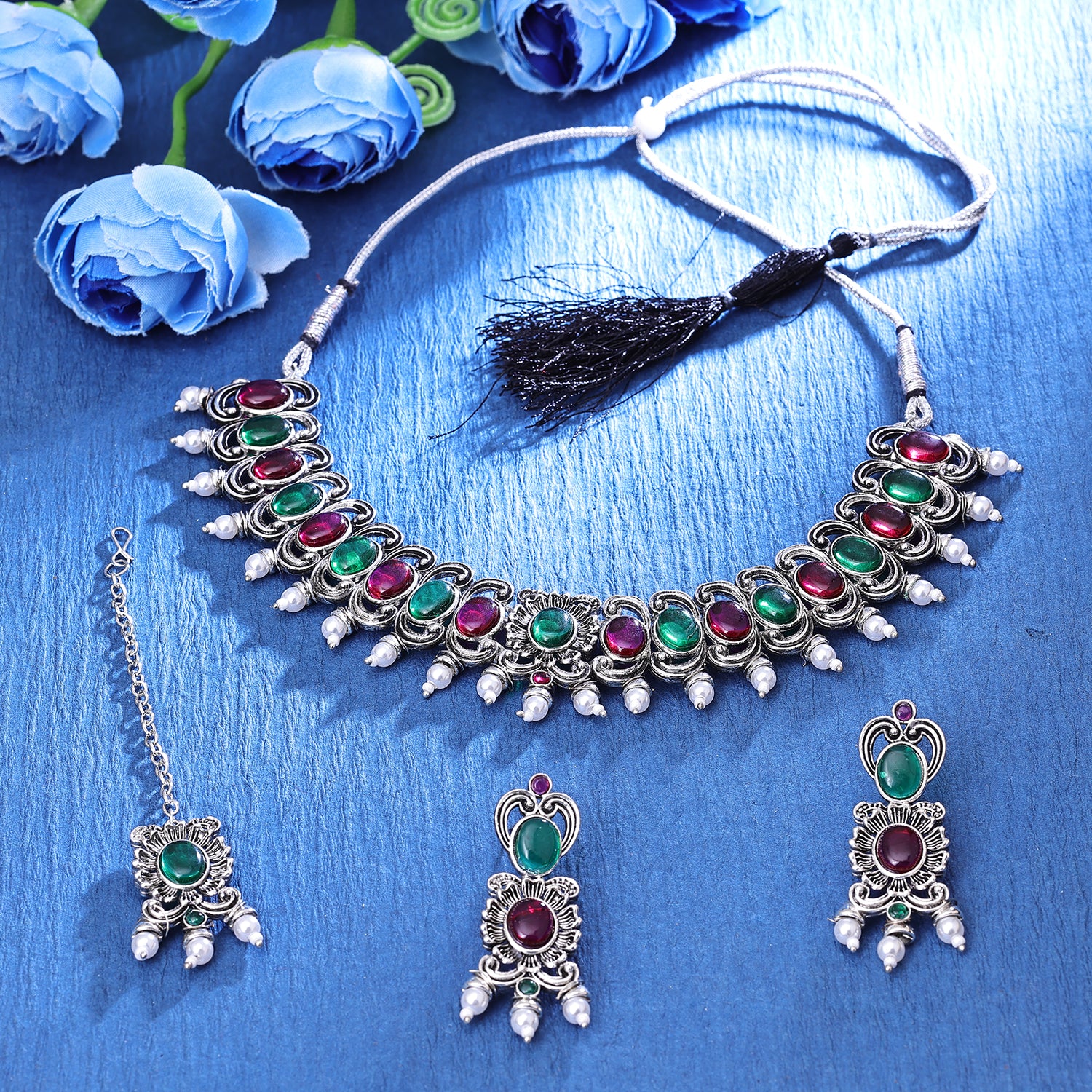 Sukkhi Graceful Oxidised Floral Choker Necklace Set For Women
