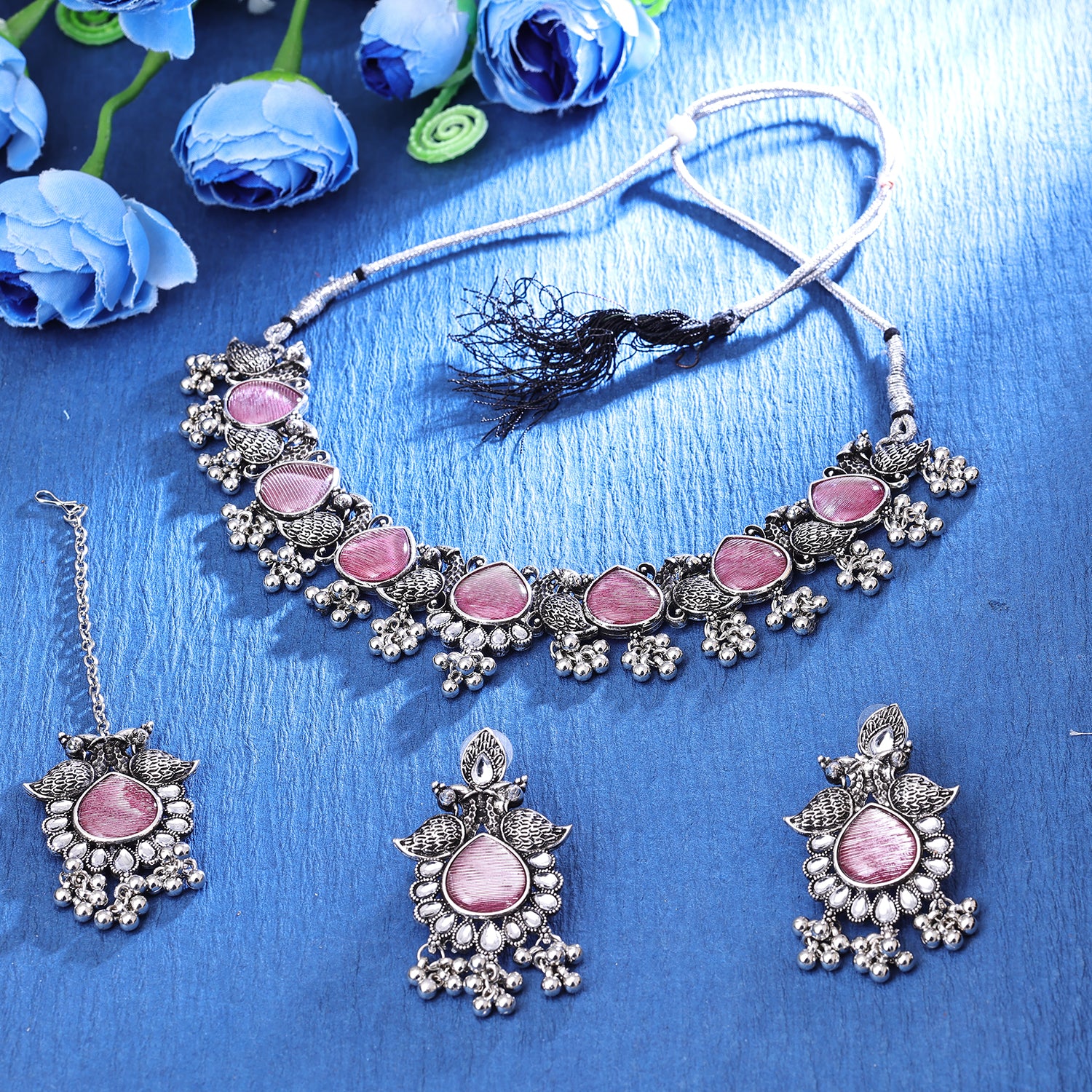 Sukkhi Pretty Oxidised Peacock Choker Necklace Set For Women