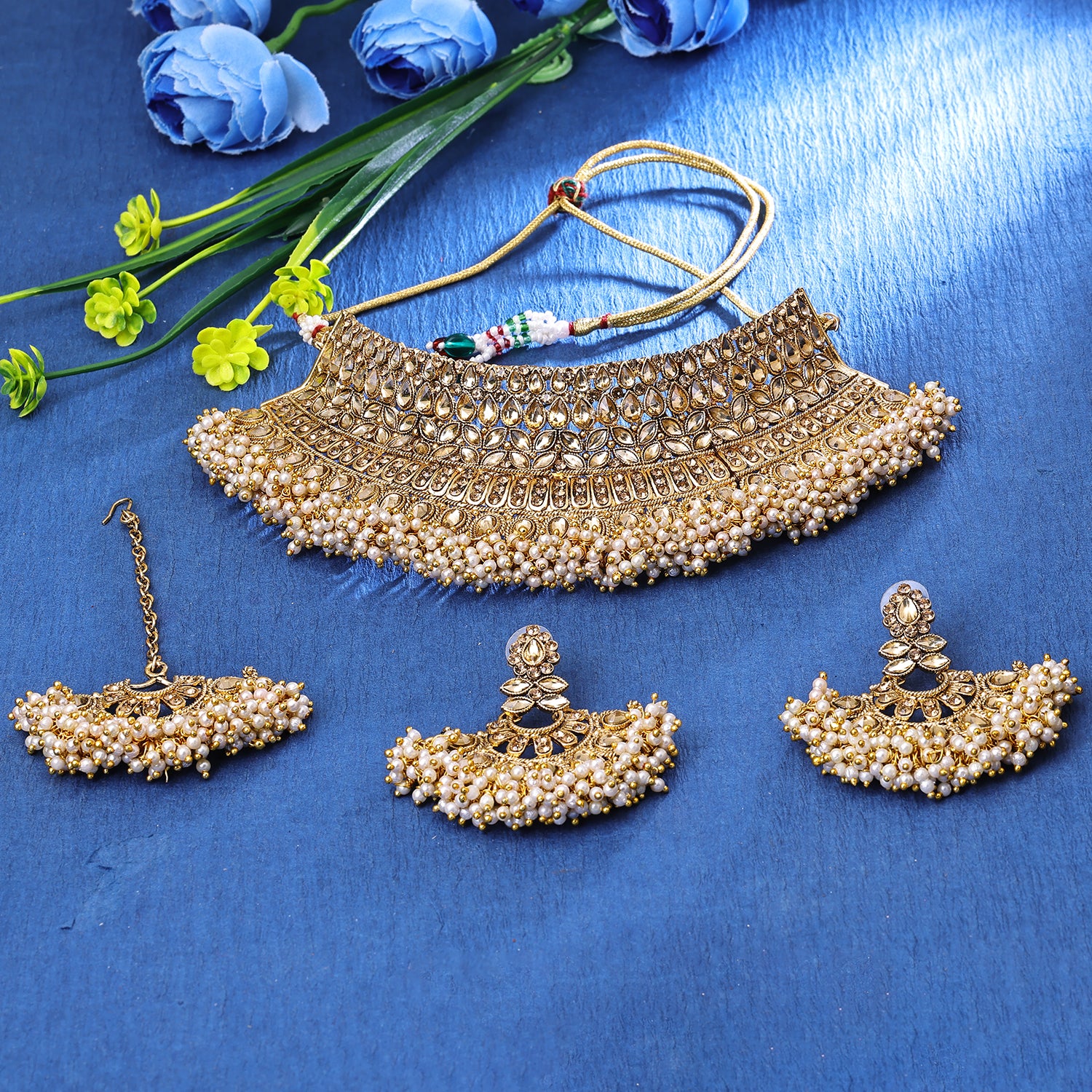 Sukkhi Floral Gold Plated Choker Necklace Set For Women