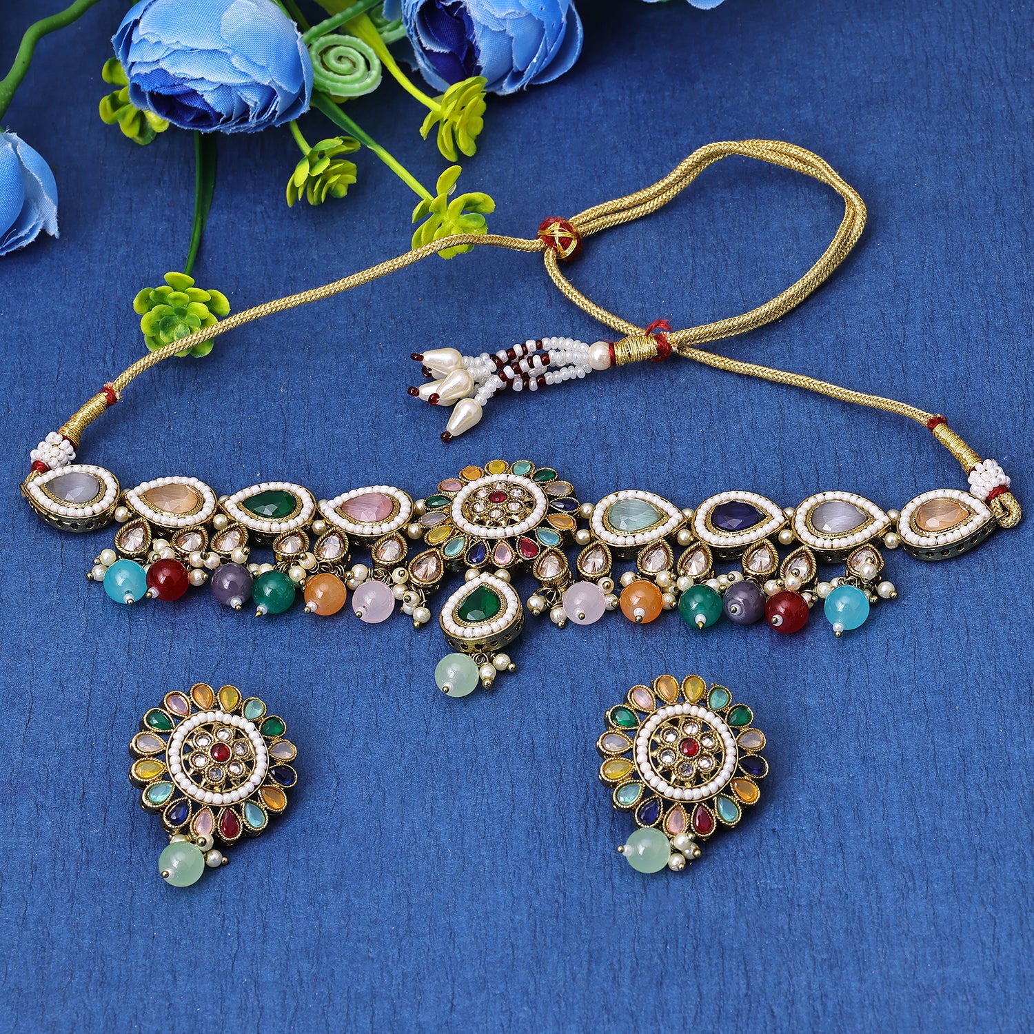 Sukkhi Floral Gold Plated Choker Necklace Set For Women