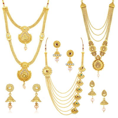 Sukkhi Antique Gold Plated Kundan Multi-String Set of 3 Necklace Combo for Women