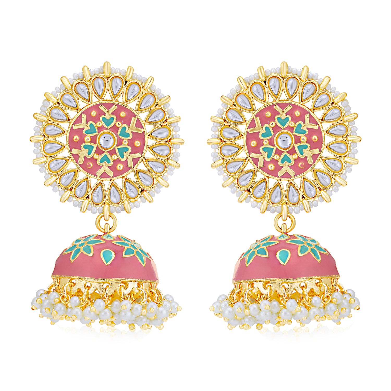 Sukkhi Attractive Pearl Gold Plated Kundan Meenakari Jhumki Earring for Women