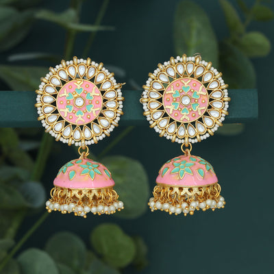Sukkhi Attractive Pearl Gold Plated Kundan Meenakari Jhumki Earring for Women