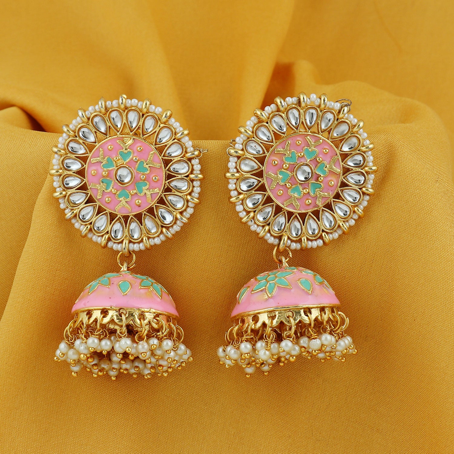Sukkhi Attractive Pearl Gold Plated Kundan Meenakari Jhumki Earring for Women
