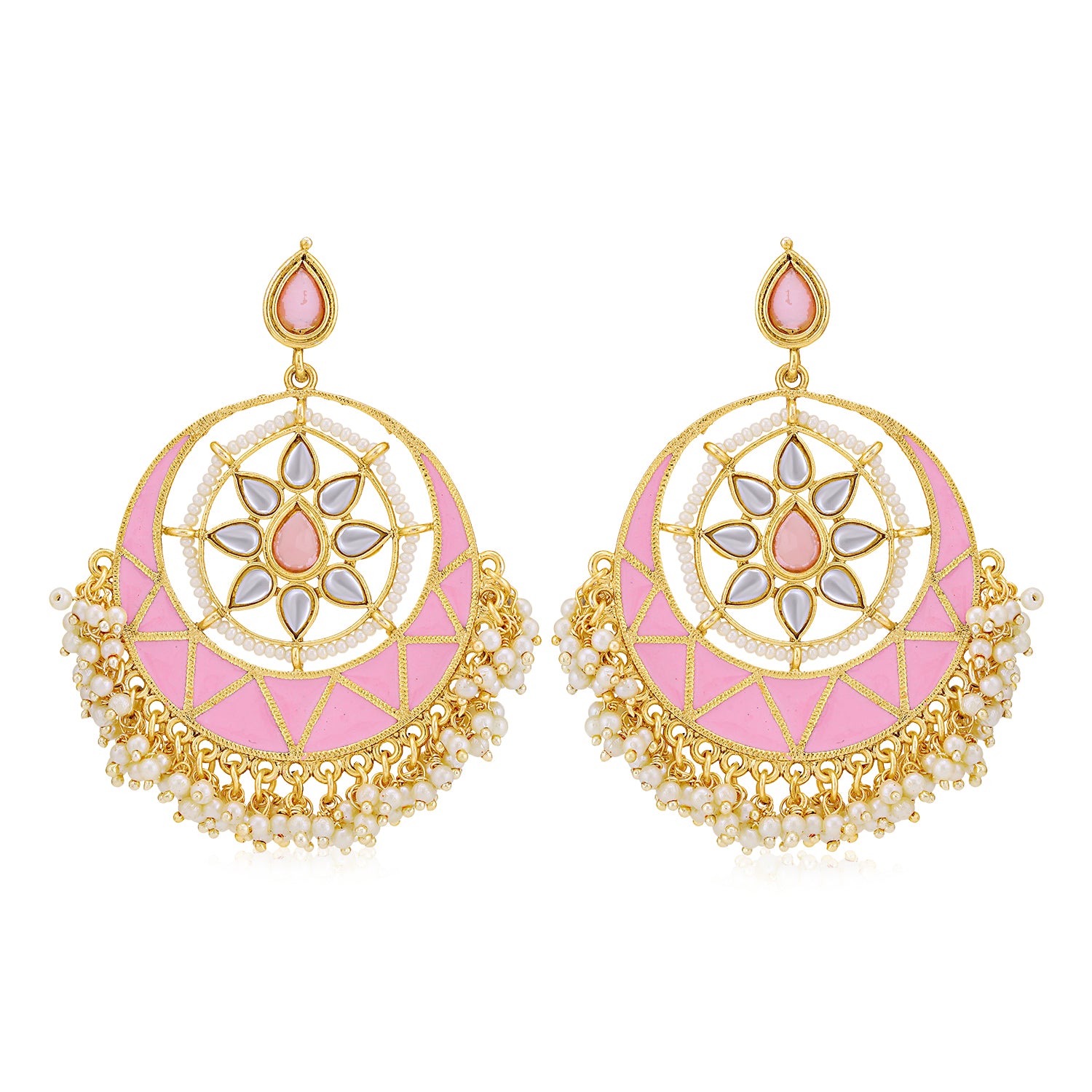 Sukkhi Dazzling Pearl Gold Plated Kundan Meenakari Chandbali Earring for Women