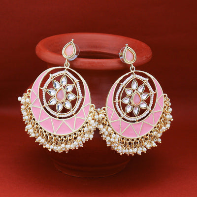Sukkhi Dazzling Pearl Gold Plated Kundan Meenakari Chandbali Earring for Women