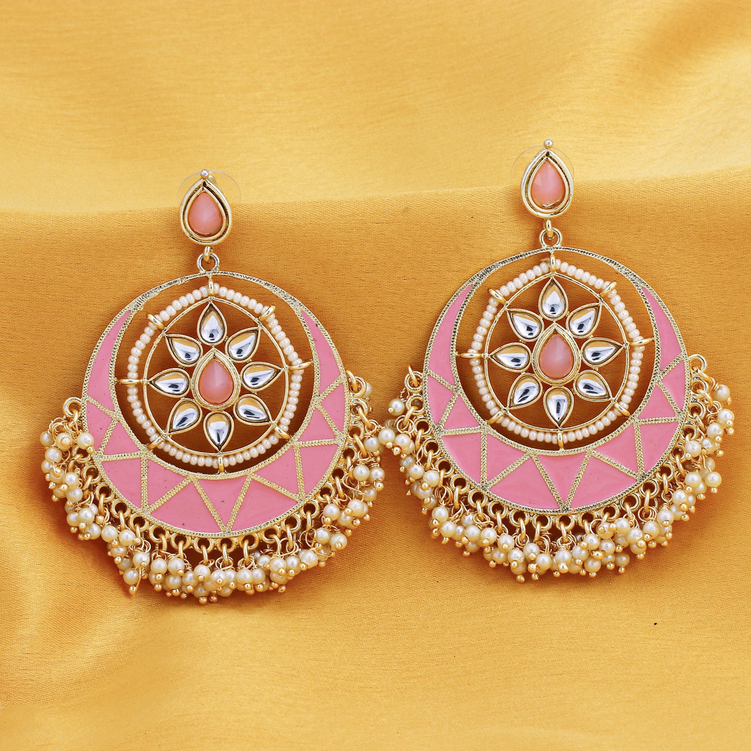 Sukkhi Dazzling Pearl Gold Plated Kundan Meenakari Chandbali Earring for Women