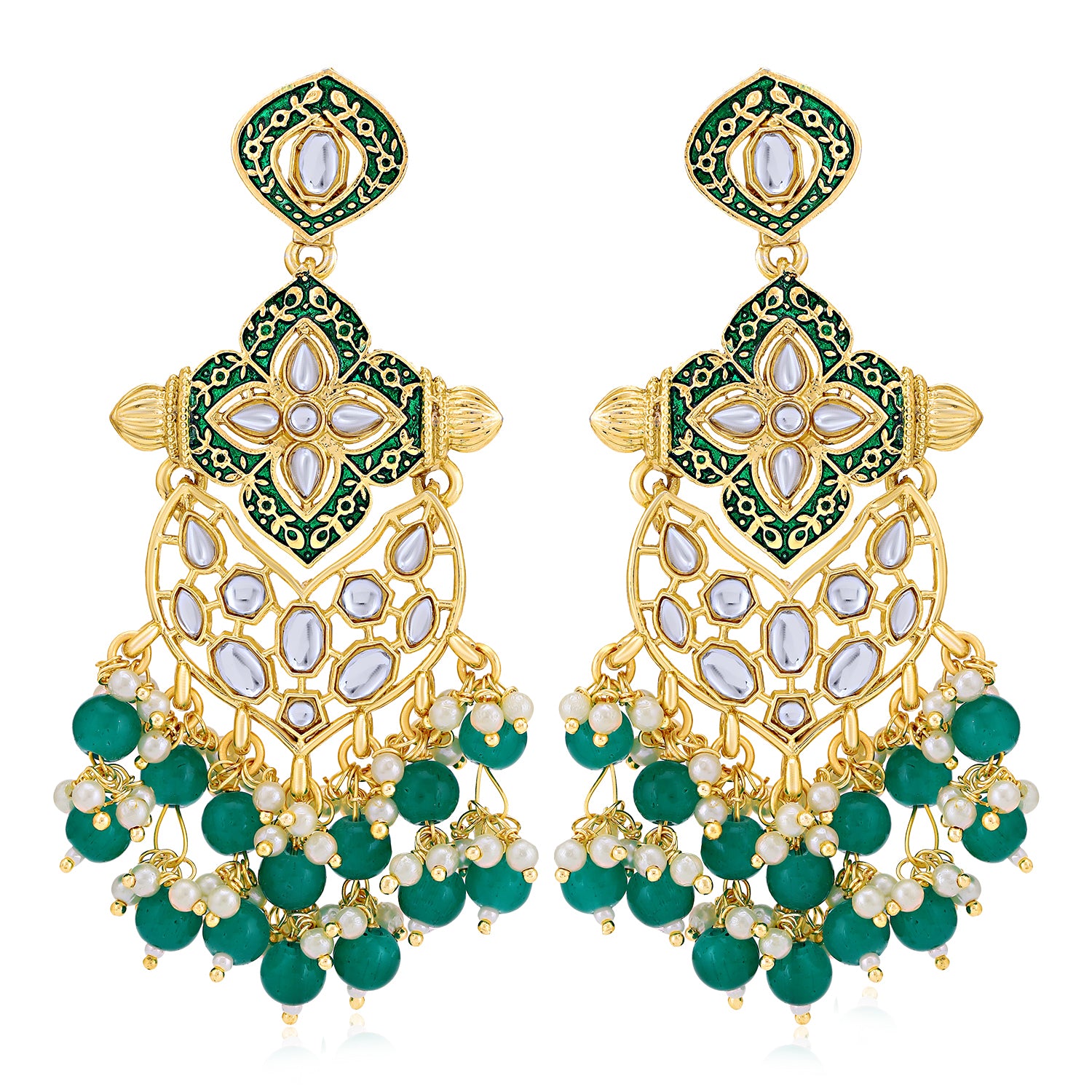 Sukkhi Fabulous Pearl Gold Plated Kundan Meenakari Chandelier Earring for Women