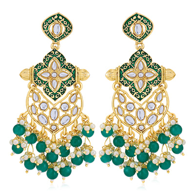 Sukkhi Fabulous Pearl Gold Plated Kundan Meenakari Chandelier Earring for Women