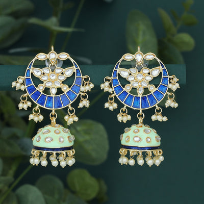 Sukkhi Sparkling Pearl Gold Plated Kundan Meenakari Chandbali Earring for Women