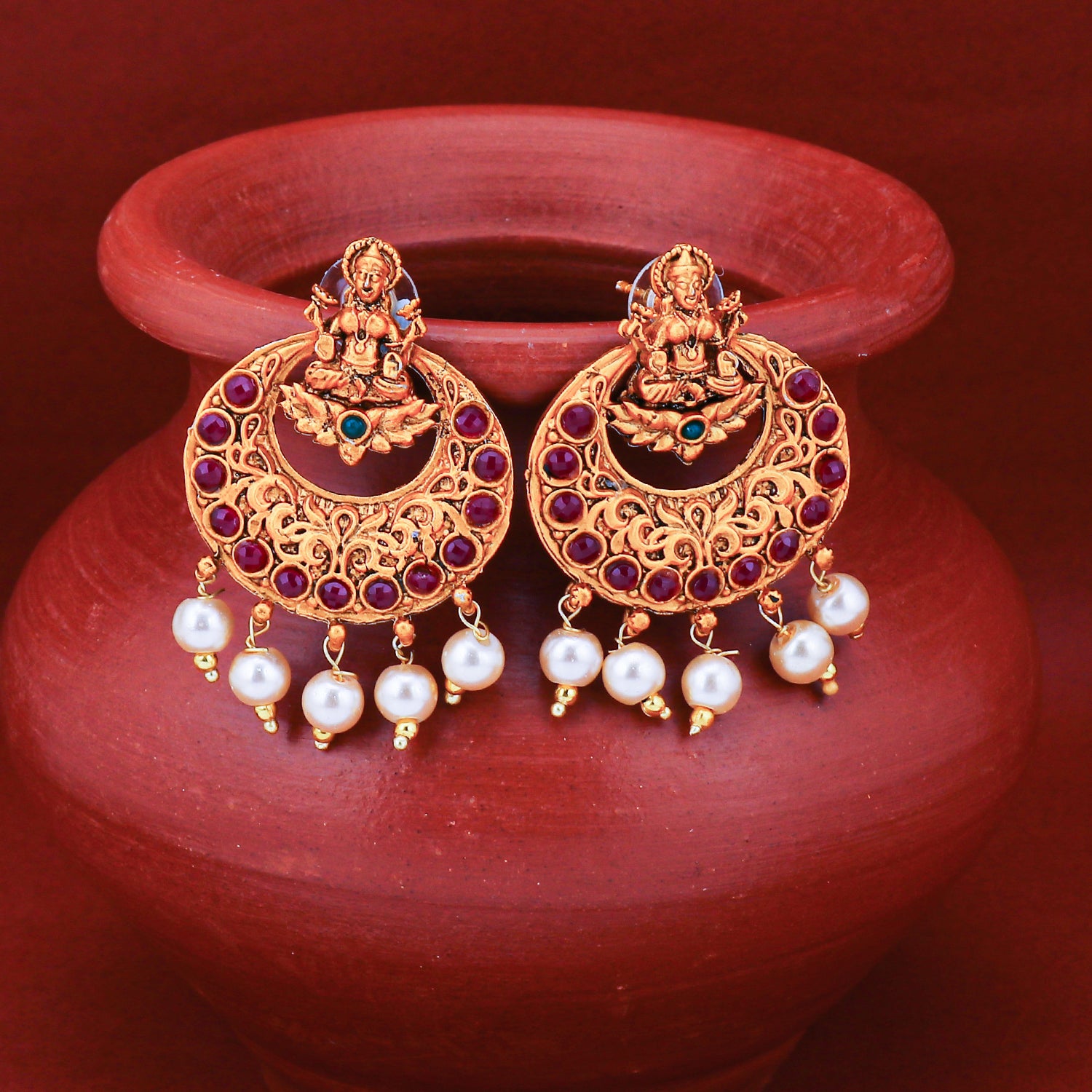 Sukkhi Classic Pearl Gold Plated Goddess Laxmi Chandbali Earring for Women