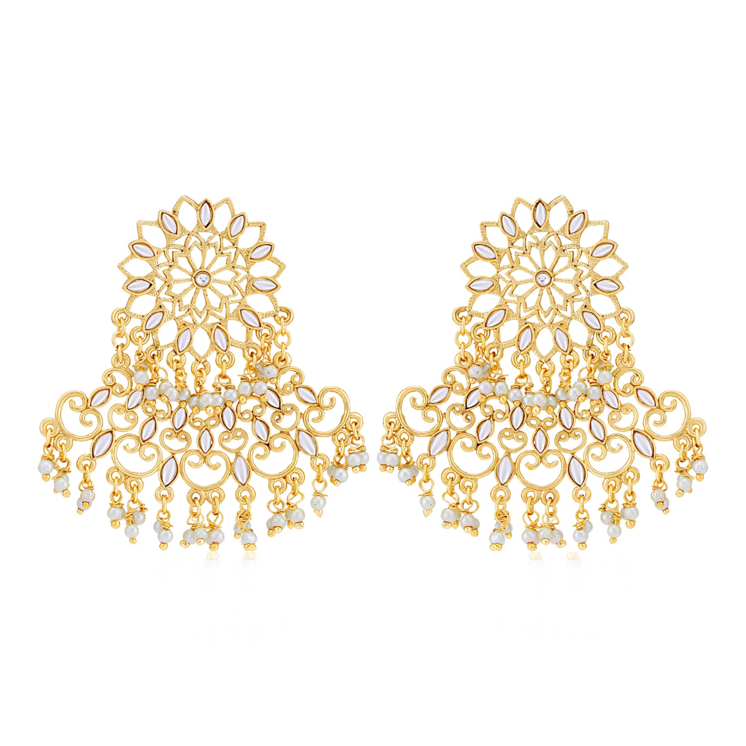 Sukkhi Sparkling Pearl Gold Plated Kundan Chandelier Earring for Women
