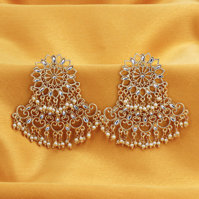 Sukkhi Sparkling Pearl Gold Plated Kundan Chandelier Earring for Women