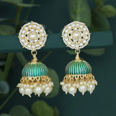 Sukkhi Stunning Pearl Gold Plated Kundan Meenakari Jhumki Earring for Women
