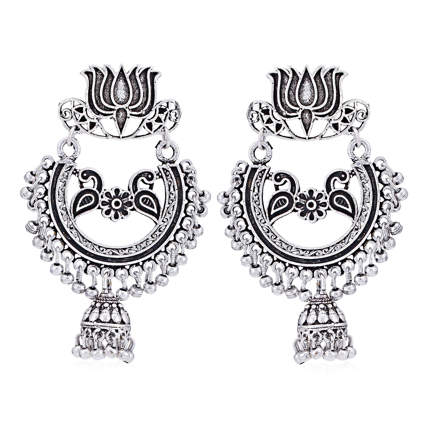 Sukkhi Attractive Oxidised Peacock Chandelier Earring For Women