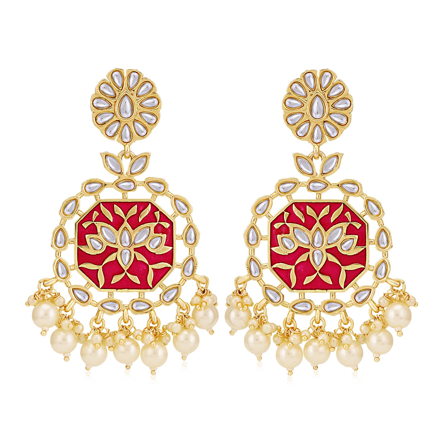 Sukkhi Dazzling Pearl Gold Plated Kundan Meenakari Chandelier Earring for Women