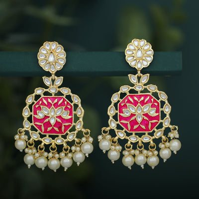Sukkhi Dazzling Pearl Gold Plated Kundan Meenakari Chandelier Earring for Women