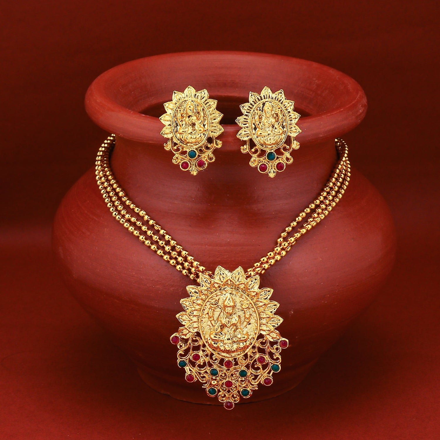 Sukkhi Classic Gold Plated Goddess Laxmi Multi-String Necklace Set for Women