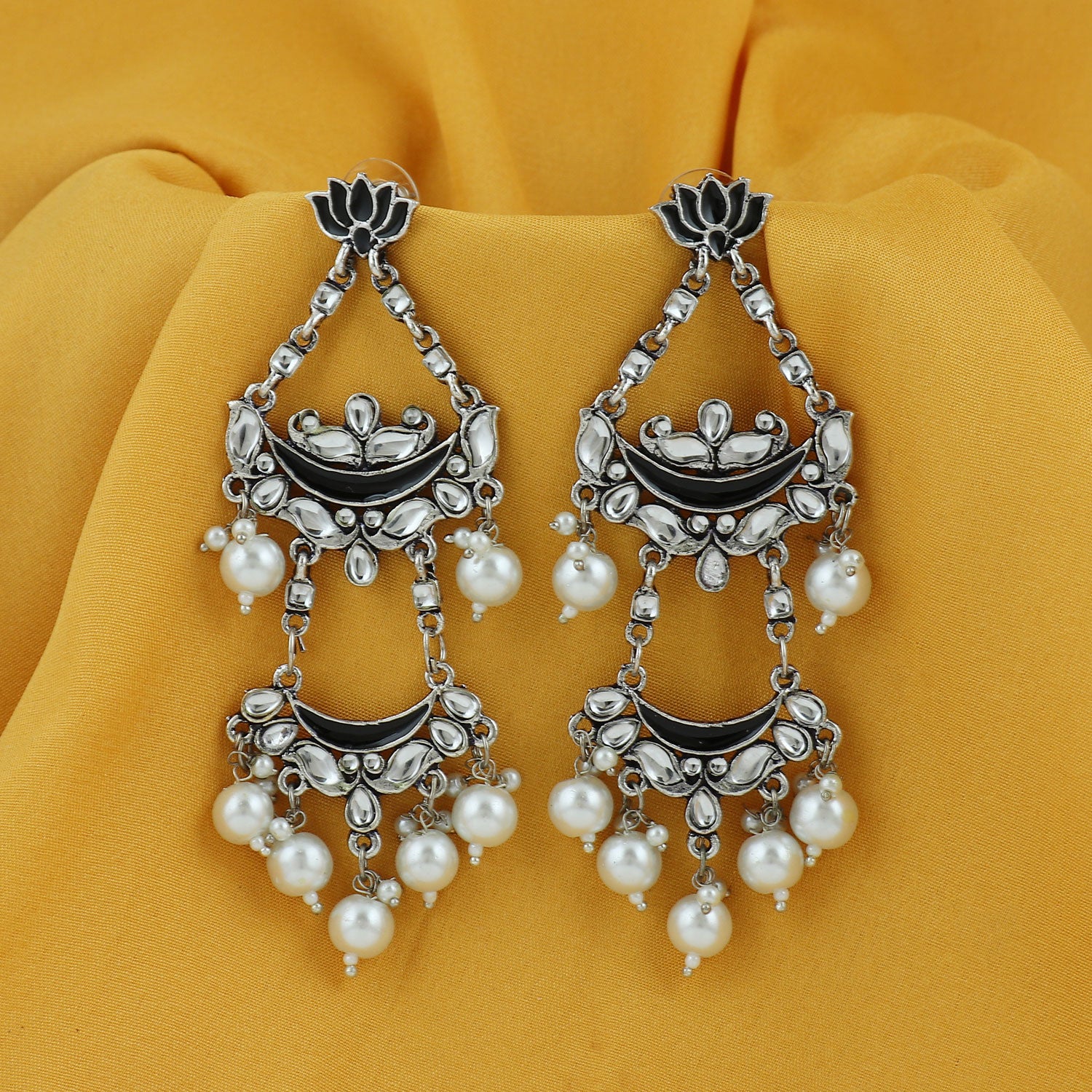 Sukkhi Glorious Pearl Oxidised Kundan Lotus Meenakari Chandelier Earring For Women