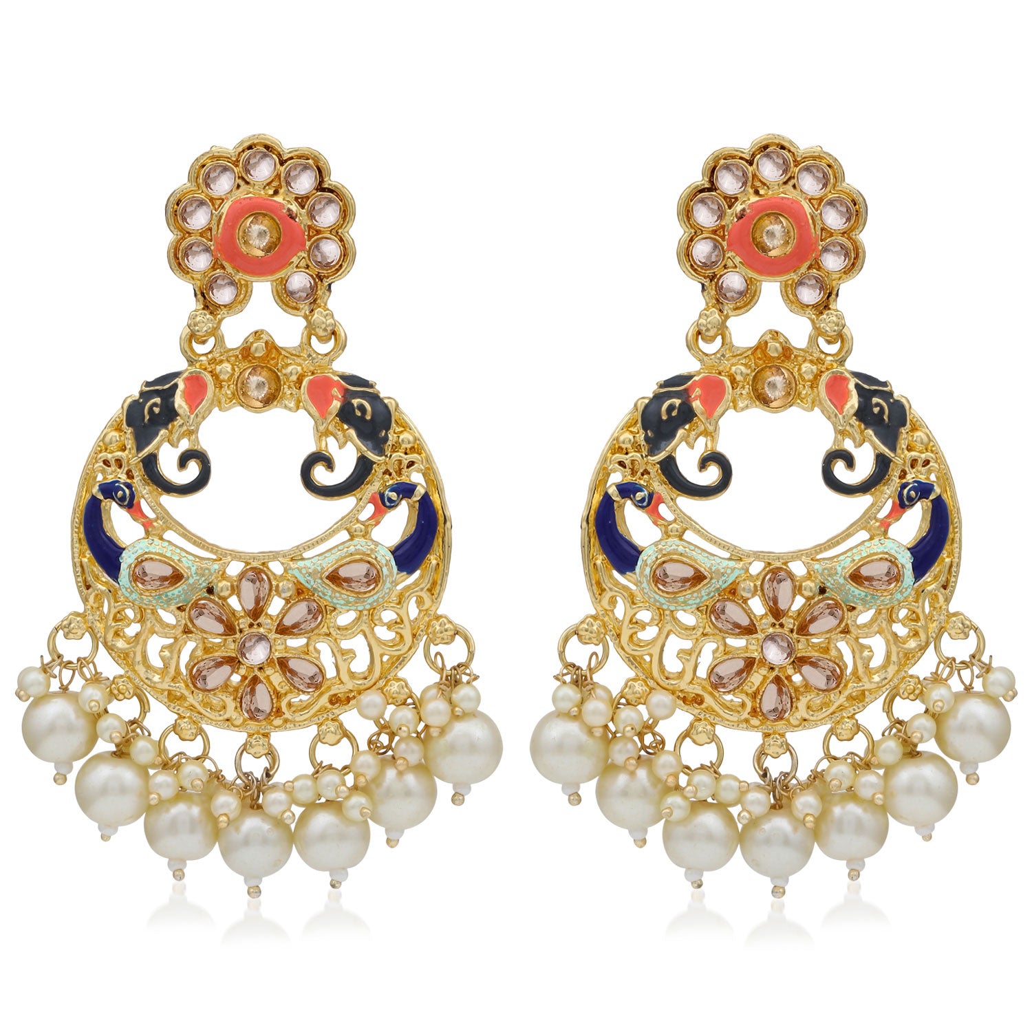 Sukkhi Traditional Pearl Gold plated Peacock Meenakari Chandbali Earring For Women