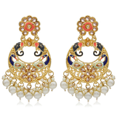 Sukkhi Traditional Pearl Gold plated Peacock Meenakari Chandbali Earring For Women