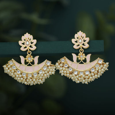 Sukkhi Graceful Pearl Gold Plated Kundan Meenakari Chandbali Earring For Women