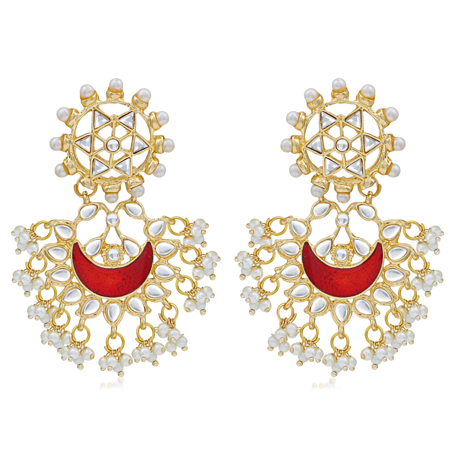 Sukkhi Designer Pearl Gold Plated Kundan Meenakari Chandbali Earring For Women