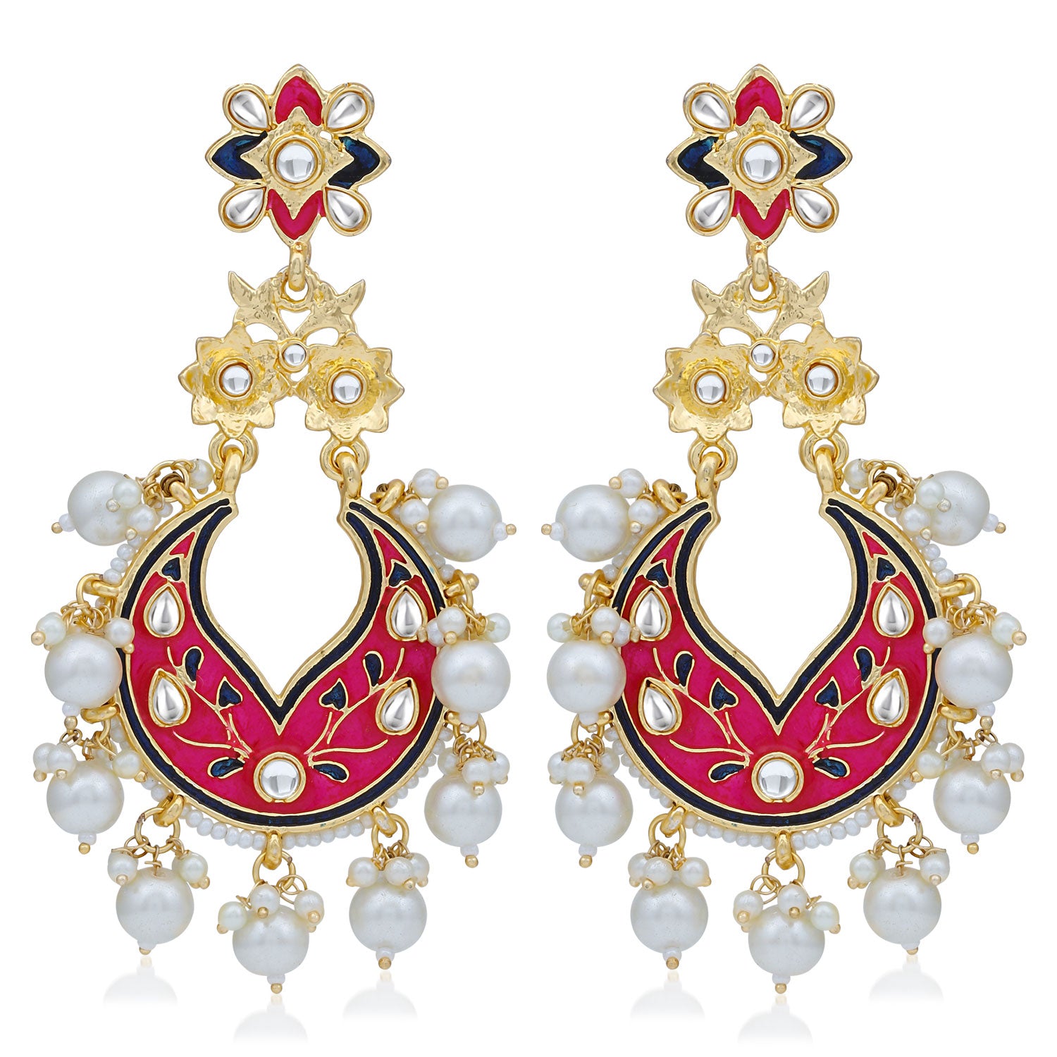 Sukkhi Marvellous Pearl Gold Plated Kundan Meenakari Chandelier Earring For Women