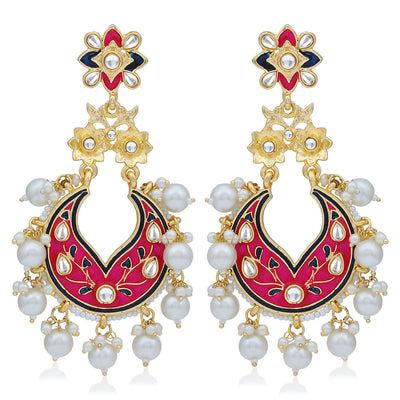 Sukkhi Marvellous Pearl Gold Plated Kundan Meenakari Chandelier Earring For Women