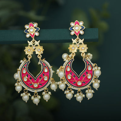 Sukkhi Marvellous Pearl Gold Plated Kundan Meenakari Chandelier Earring For Women