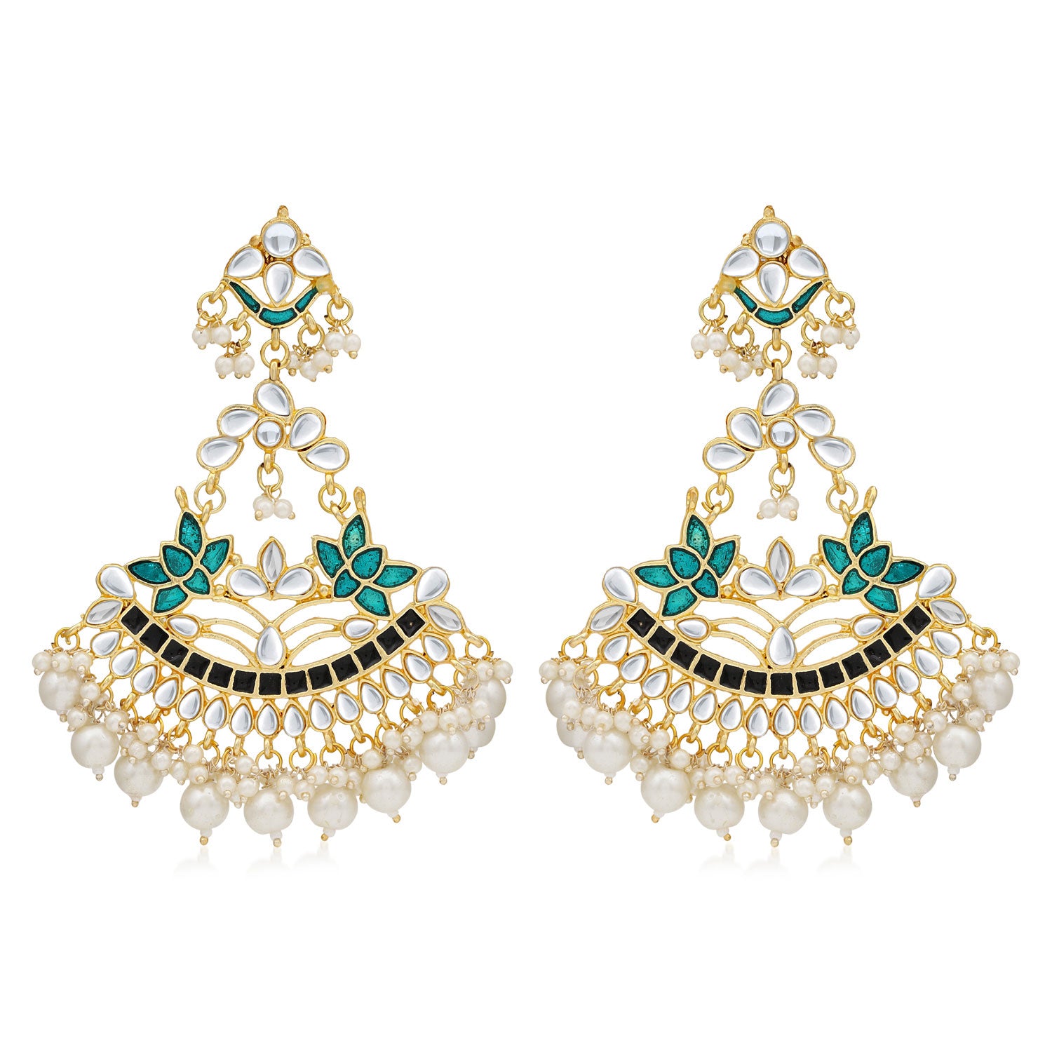 Sukkhi Spectacular Pearl Gold Plated Kundan Lotus Meenakari Chandelier Earring For Women