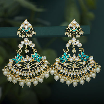 Sukkhi Spectacular Pearl Gold Plated Kundan Lotus Meenakari Chandelier Earring For Women