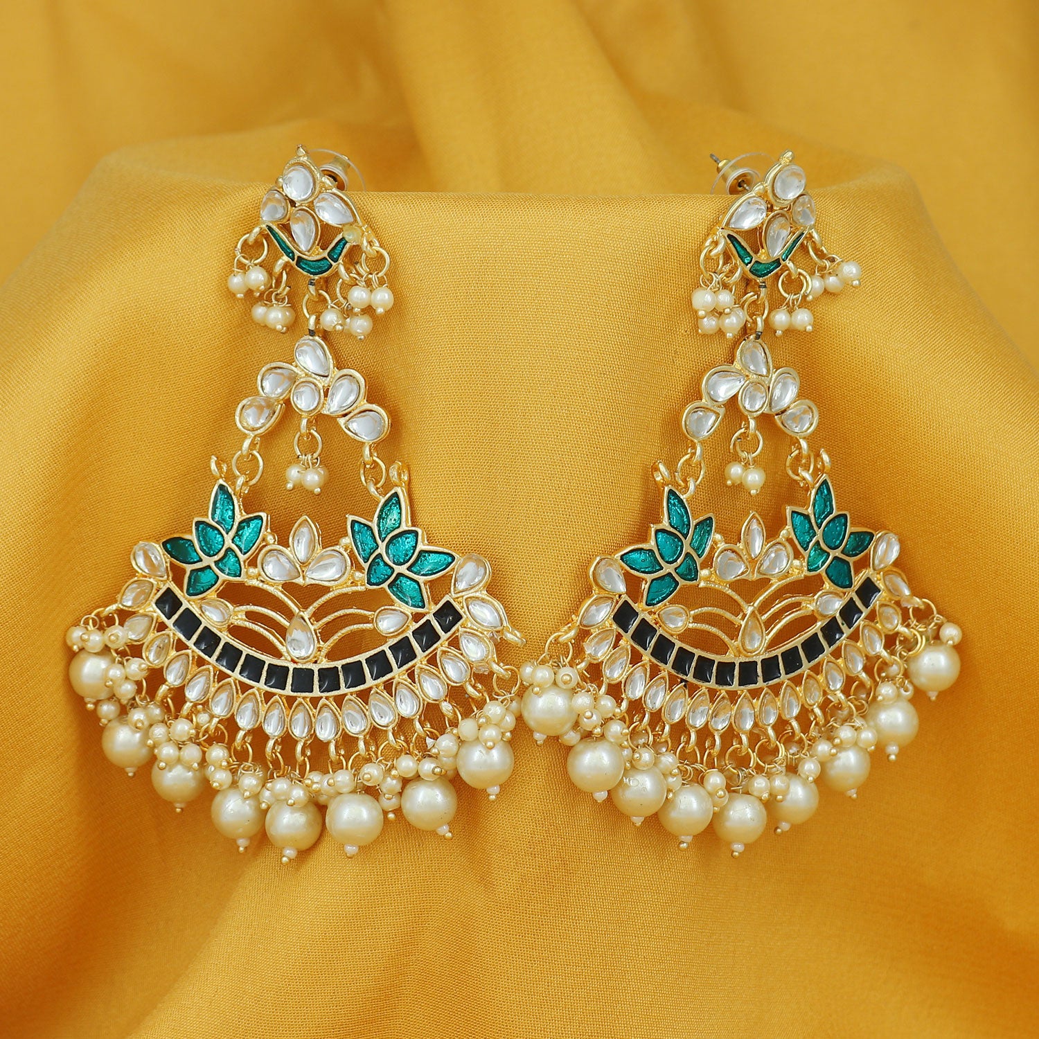 Sukkhi Spectacular Pearl Gold Plated Kundan Lotus Meenakari Chandelier Earring For Women