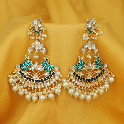 Sukkhi Spectacular Pearl Gold Plated Kundan Lotus Meenakari Chandelier Earring For Women