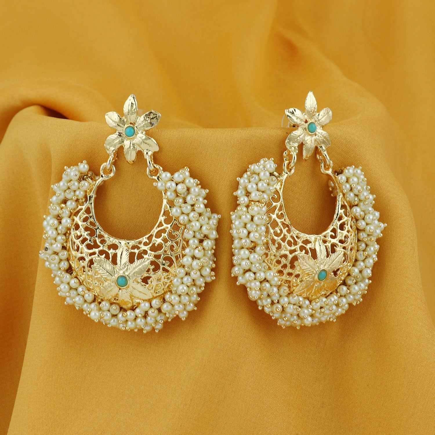 Gold Plated Chandbali Earring with White Pearls