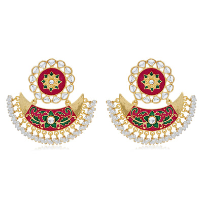Sukkhi Incredible Pearl Gold Plated Kundan Floral Meenakari Chandbali Earring For Women