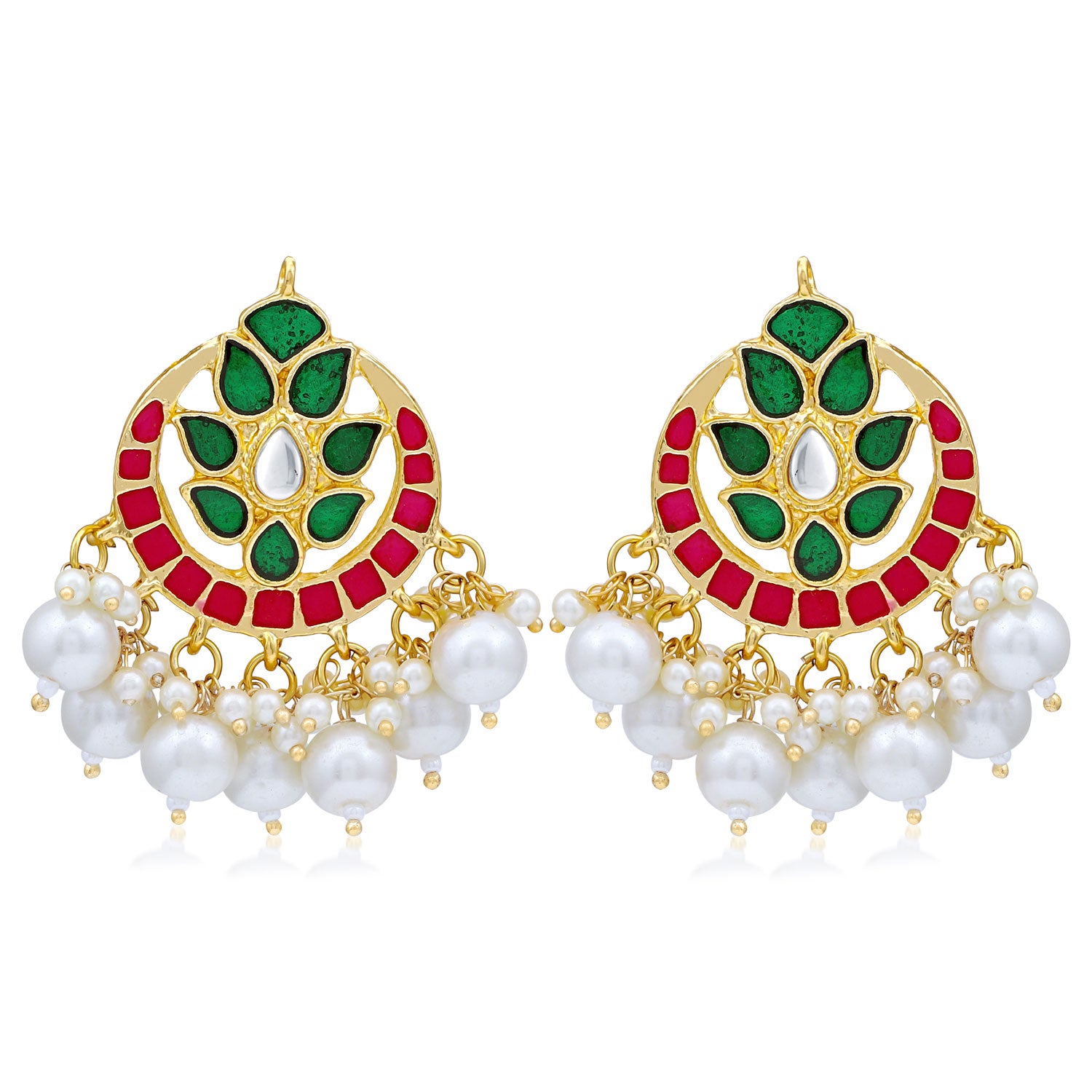 Sukkhi Glossy Kundan Gold Plated Pearl Meenakari Chandbali Earring For Women