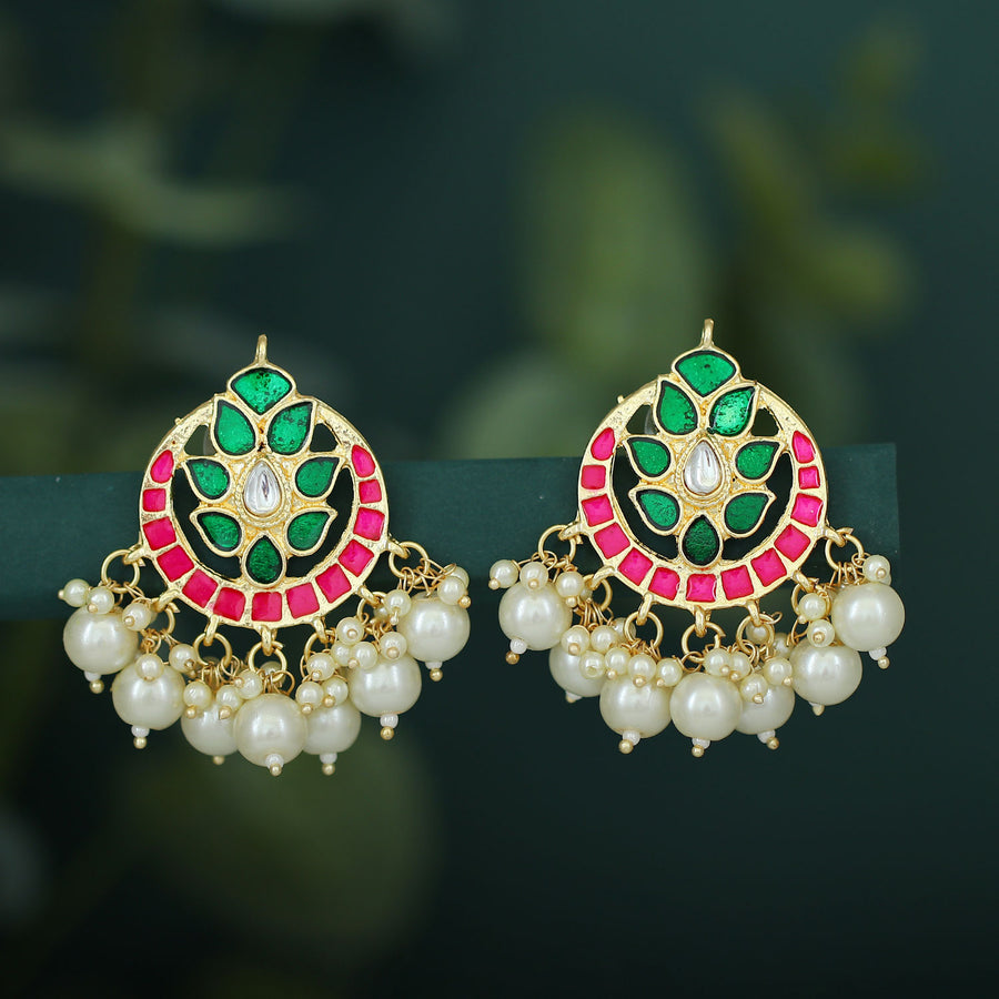 Sukkhi Glossy Kundan Gold Plated Pearl Meenakari Chandbali Earring For Women