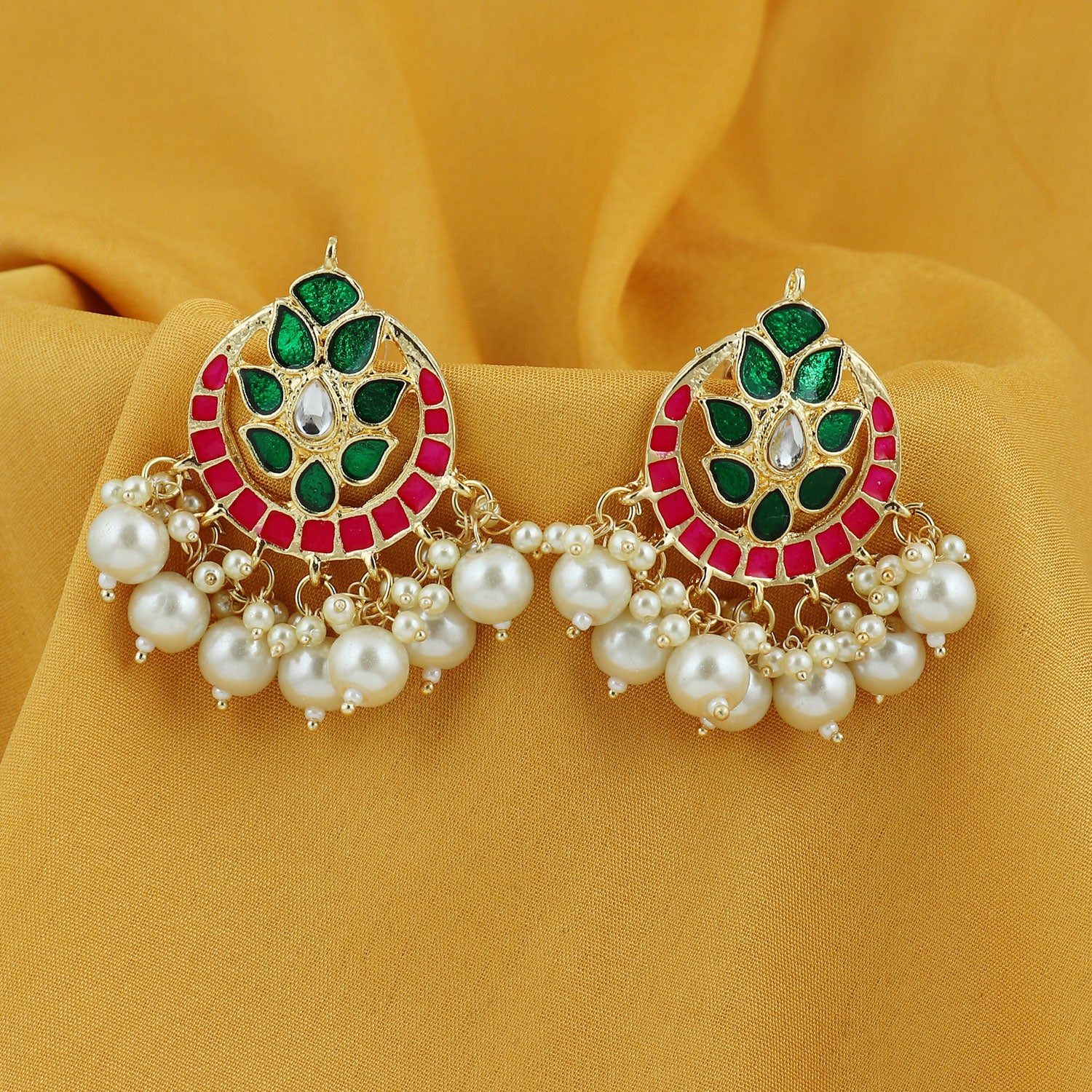 Sukkhi Glossy Kundan Gold Plated Pearl Meenakari Chandbali Earring For Women