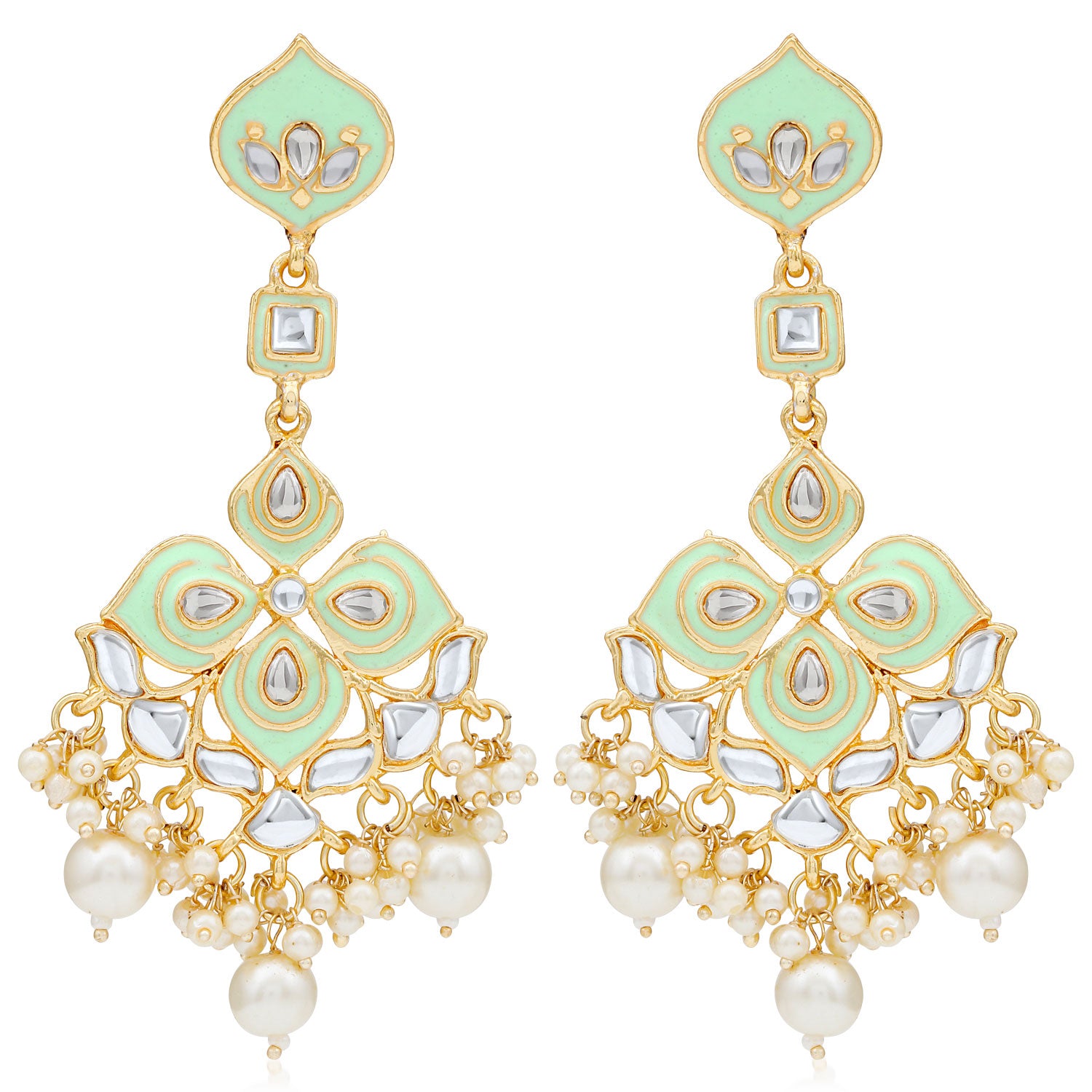 Sukkhi Pretty Kundan Gold Plated Pearl Meenakari Chandelier Earring for Women