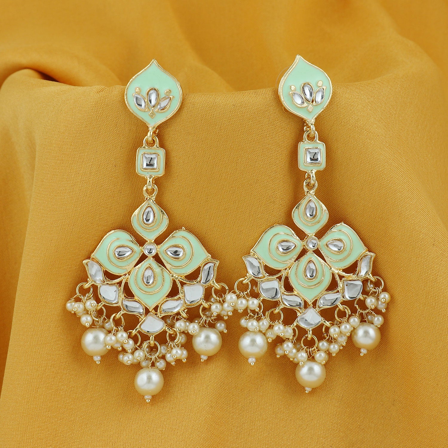 Sukkhi Pretty Kundan Gold Plated Pearl Meenakari Chandelier Earring for Women