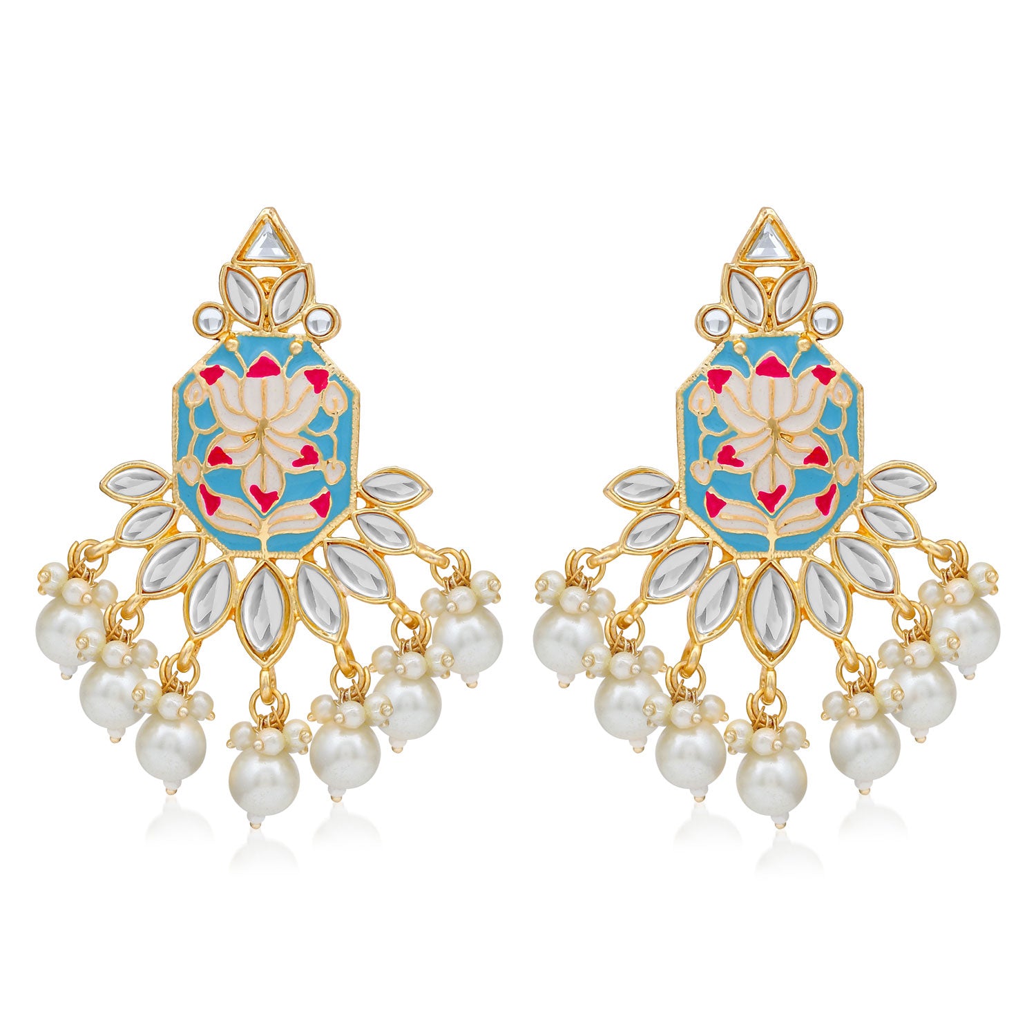 Sukkhi Glimmery Pearl Gold Plated Lotus Meenakari Dangle Earring For Women