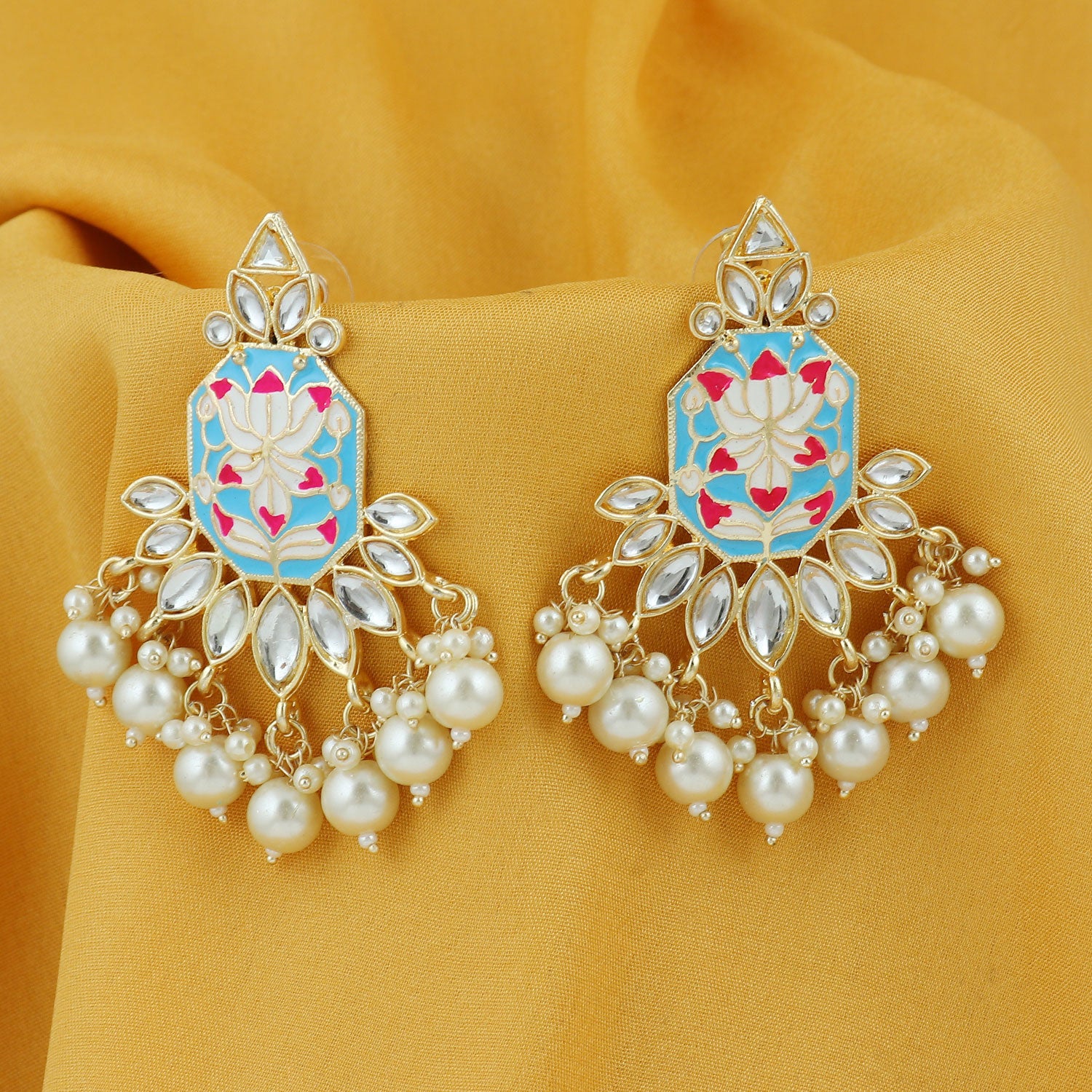 Sukkhi Glimmery Pearl Gold Plated Lotus Meenakari Dangle Earring For Women