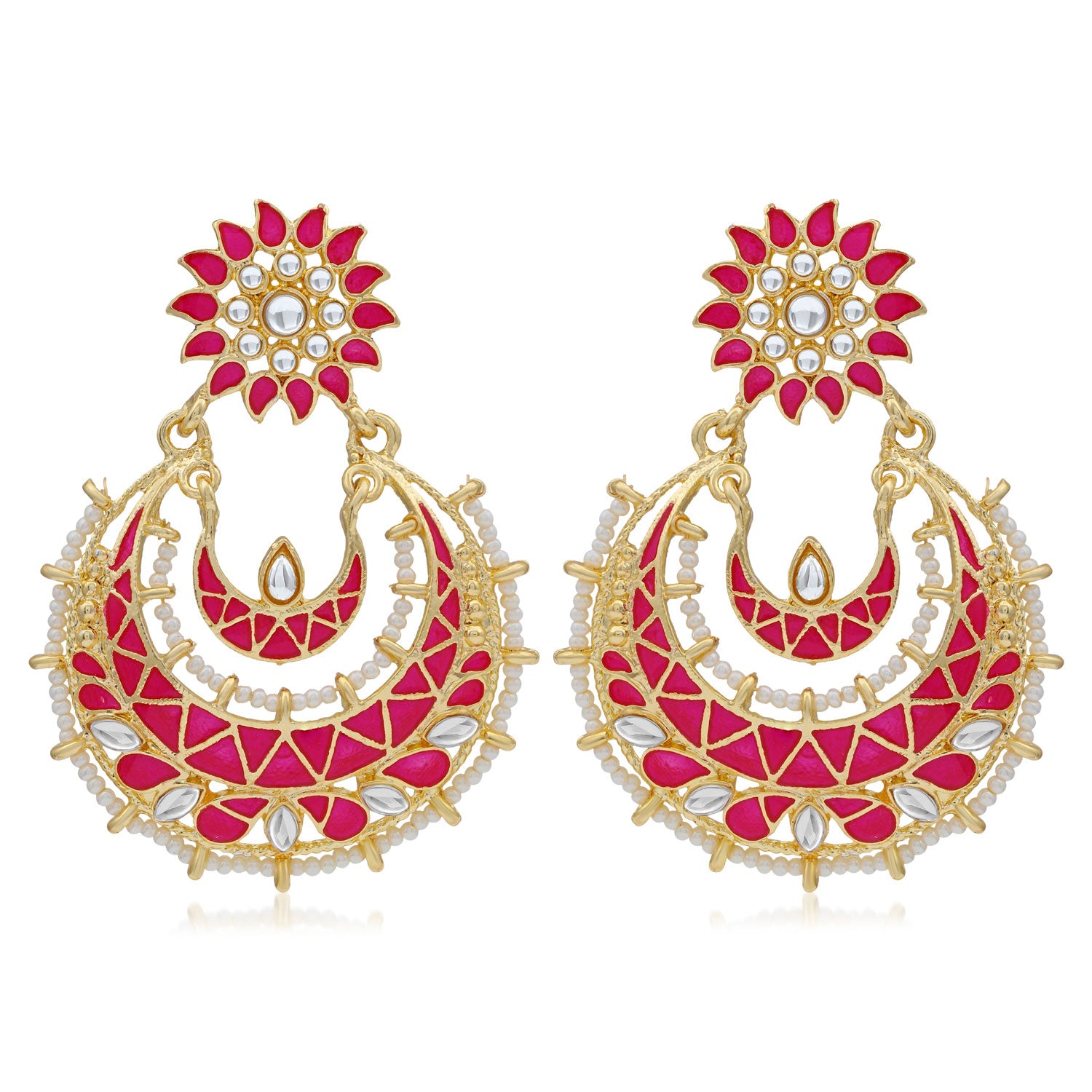 Sukkhi Elegant Pearl Gold Plated Kundan Meenakari Chandbali Earring For Women