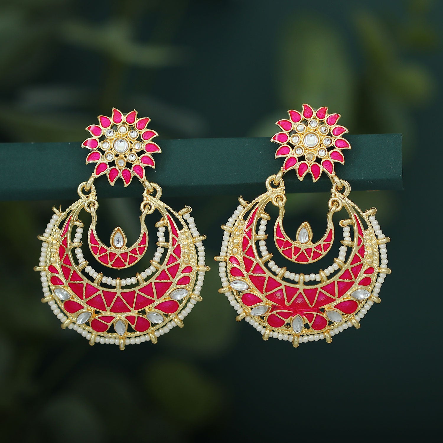Sukkhi Elegant Pearl Gold Plated Kundan Meenakari Chandbali Earring For Women
