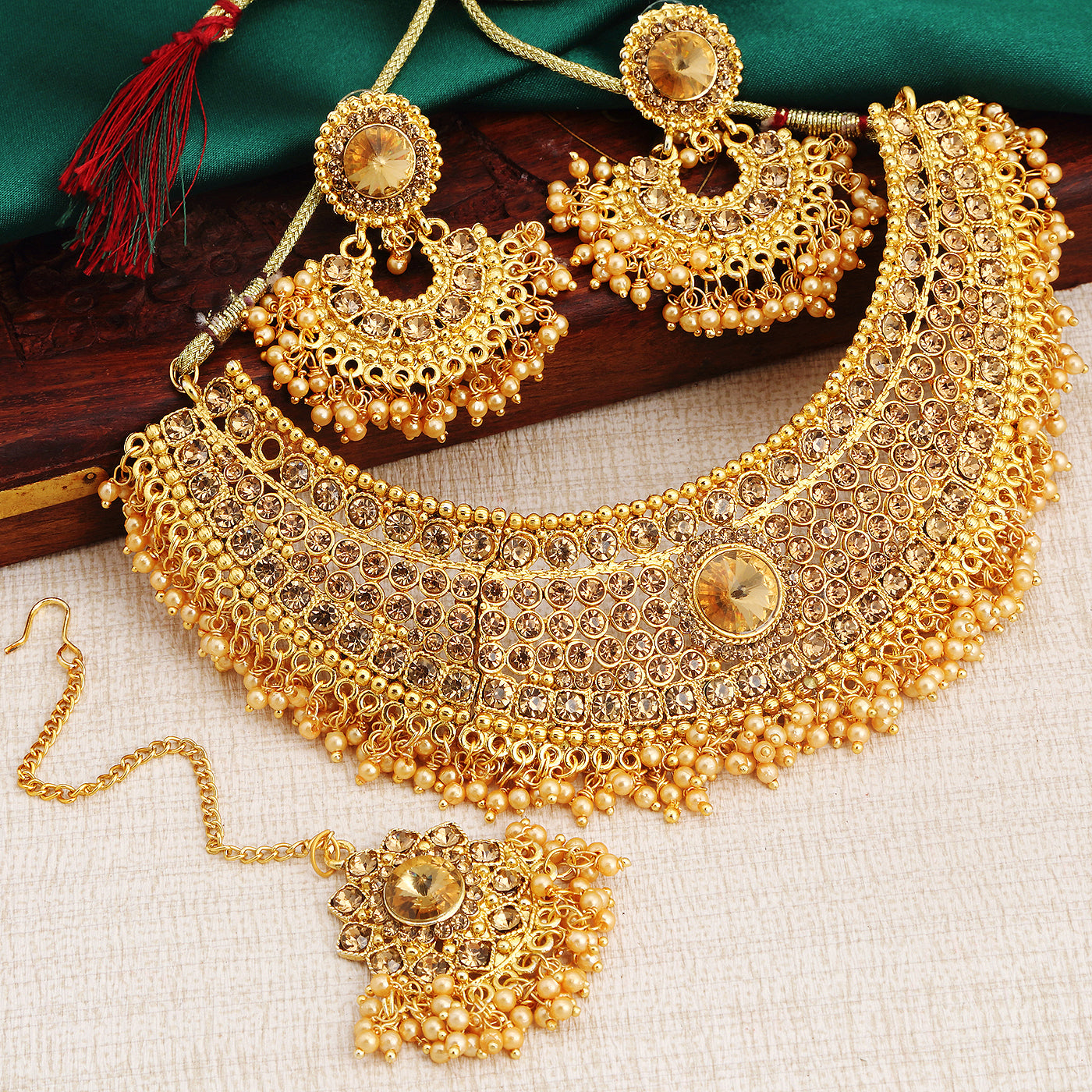22K Gold Necklace Set in beads and flowers with Drop Earrings - NS-5945