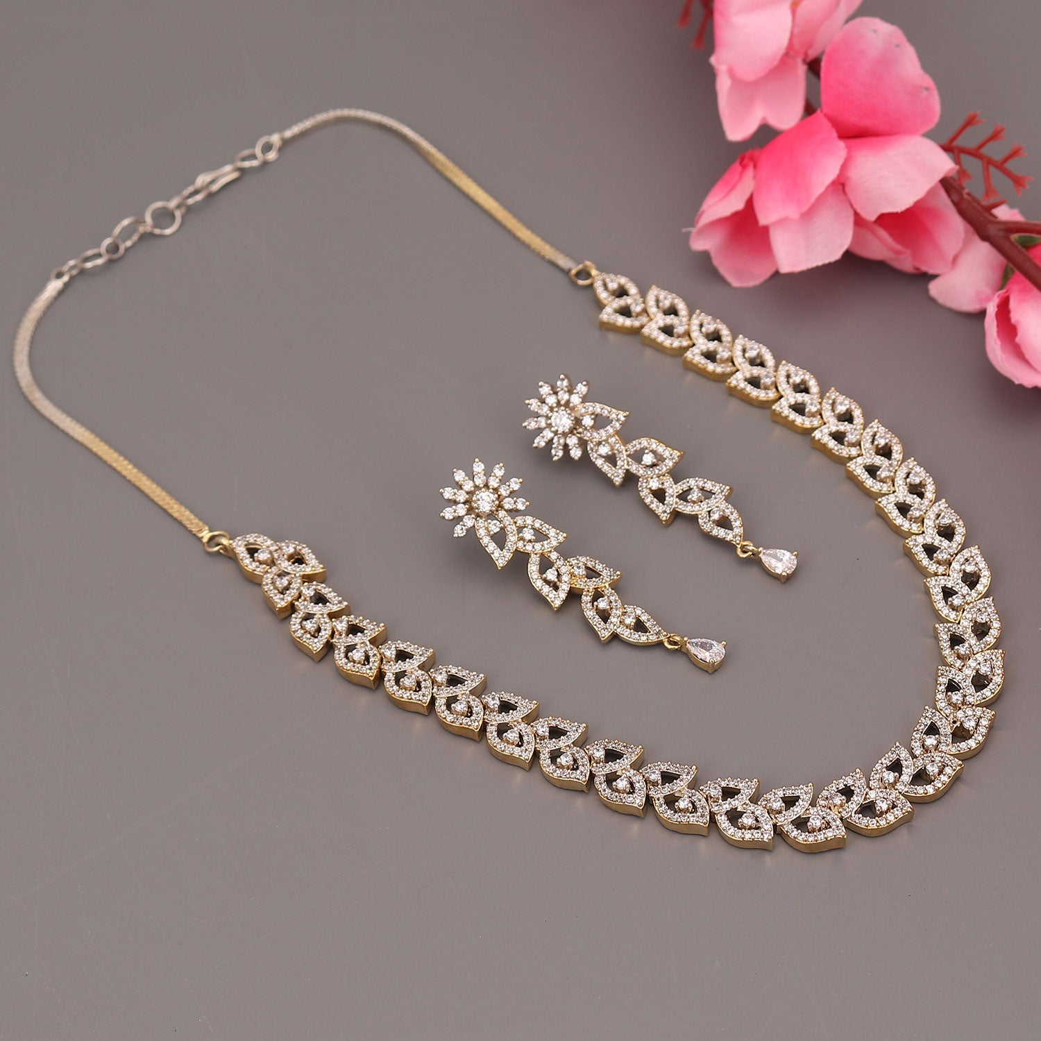 Sukkhi Floral Leafes Gold Plated CZ Choker Necklace Set For Women