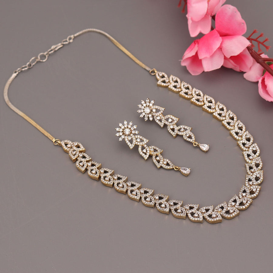 Sukkhi Floral Leafes Gold Plated CZ Choker Necklace Set For Women